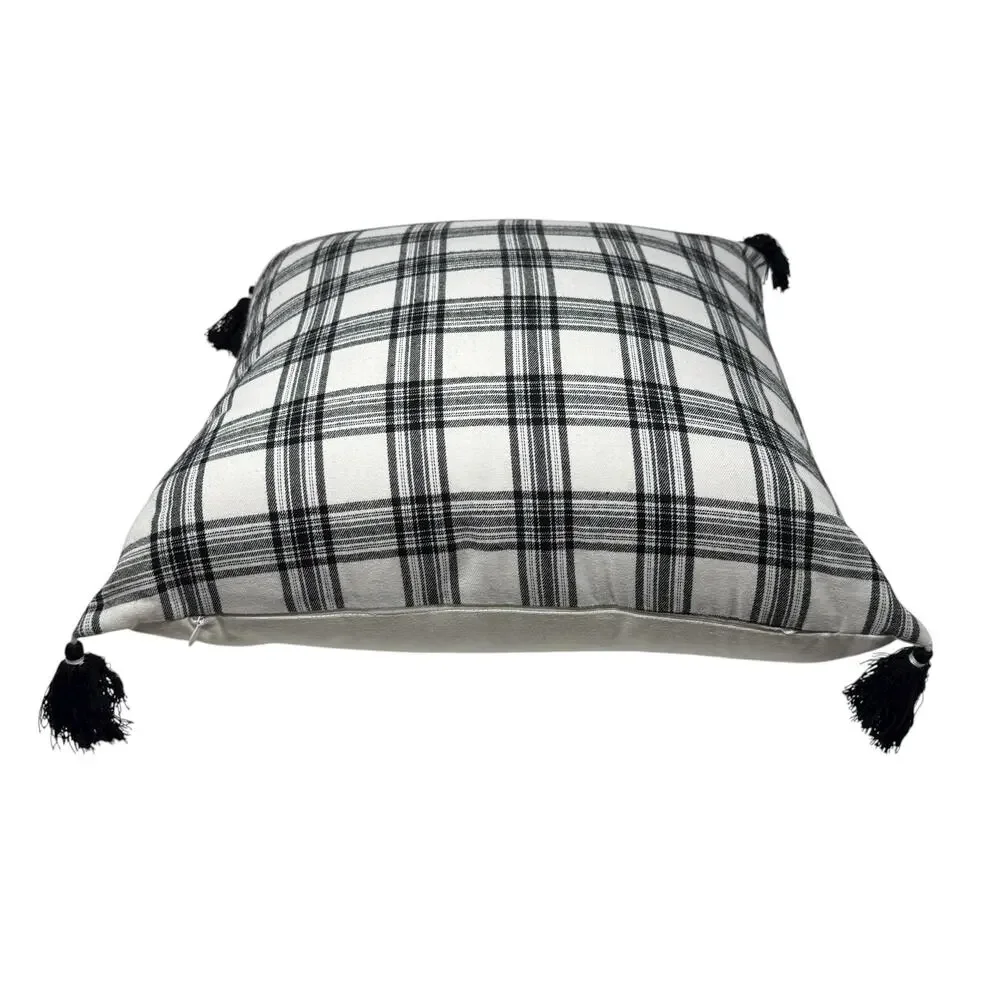 Rae Dunn BLESSED Throw Pillow Black White Plaid Tassel Farmhouse Accent Cushion